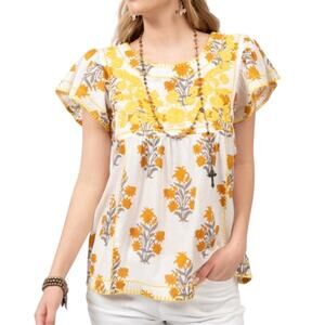 Sister Mary XS Roni Top 100% Cotton Floral Embroidered Yellow Block